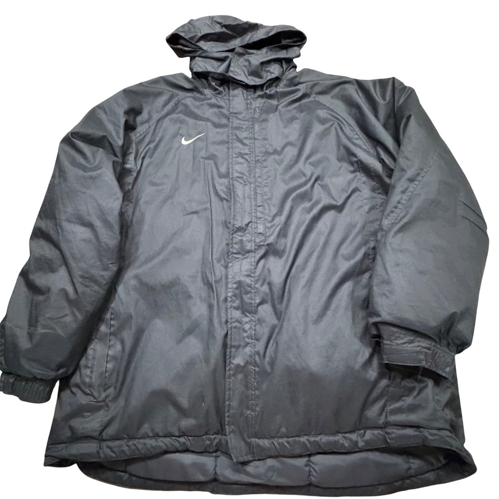 VintageNike Team Mens XL Black Ripstop Puffer Jacket Fleece‎ Lined Hooded Parka